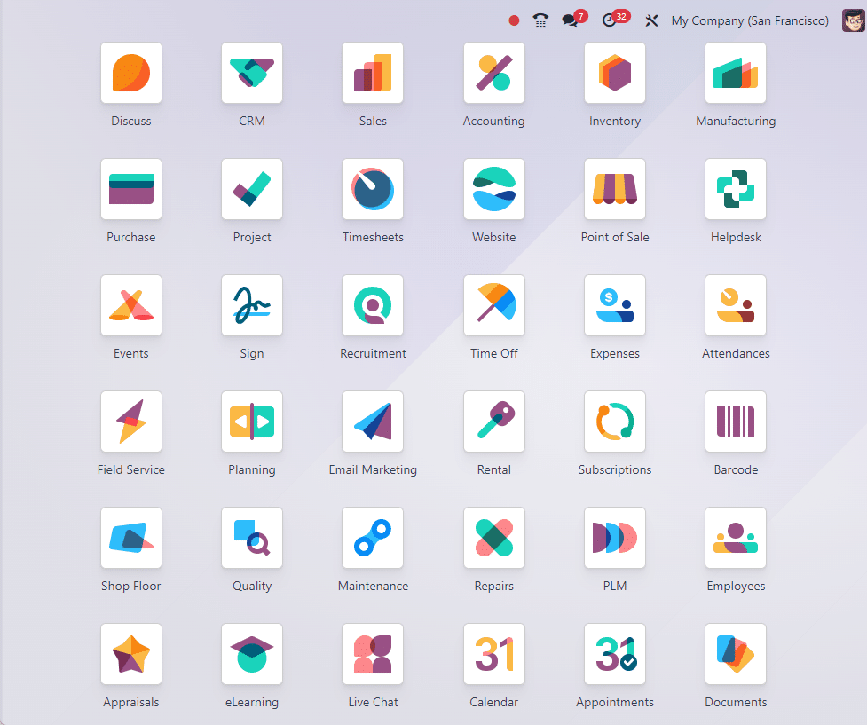 A grid of colorful app icons including CRM, Sales, Inventory, Accounting, and other business tools, on a light background.