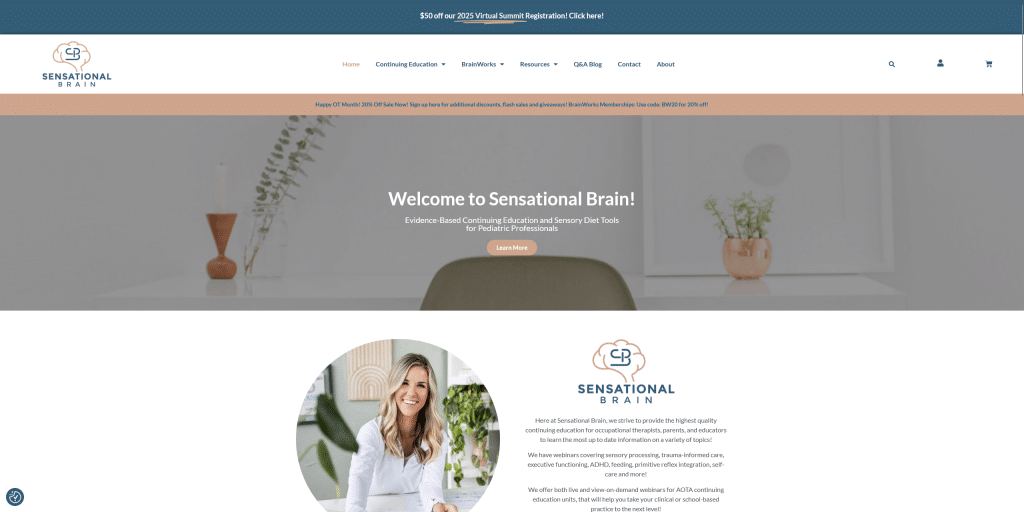 Webpage of Sensational Brain, offering educational resources for pediatric professionals with a welcoming banner.