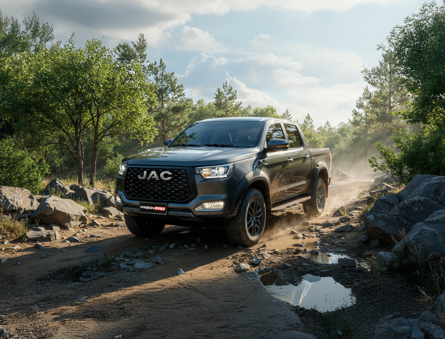 A dark-colored pickup truck driving on a rocky, muddy trail in a wooded area under a cloudy sky.