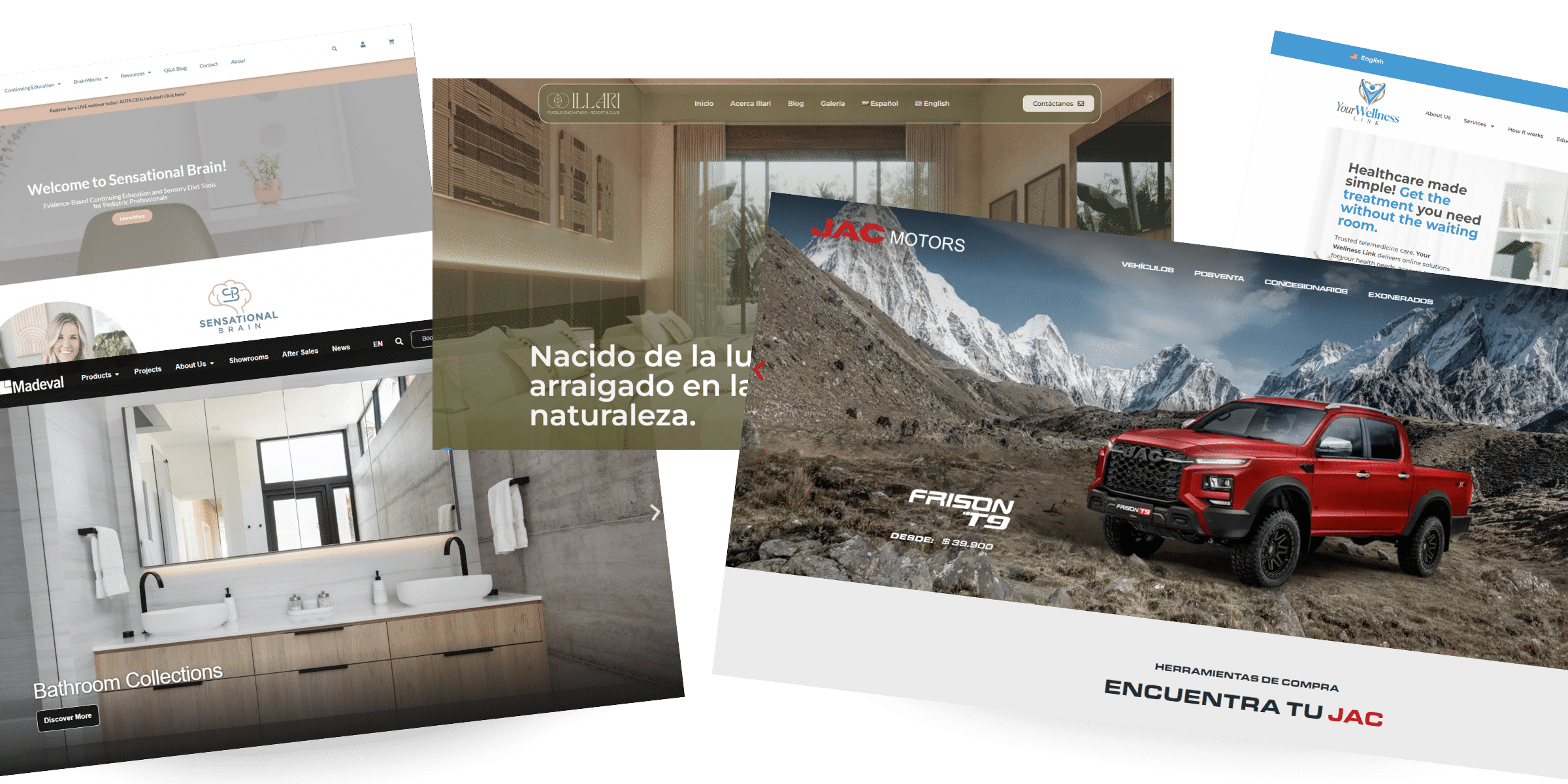 Collage of digital tech websites showcasing design, vehicles, wellness, and home decor.