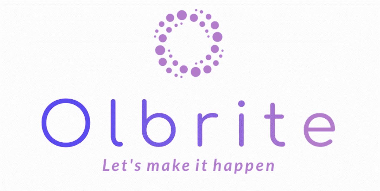Logo of Olbrite with purple dot circle and tagline "Let's make it happen.