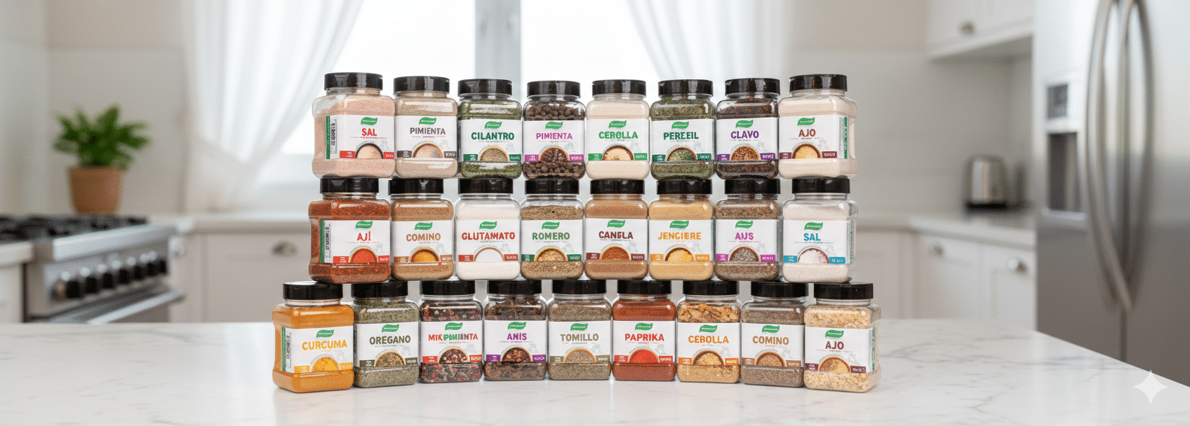 A collection of various spice jars neatly stacked on a kitchen counter with white cabinets in the background.